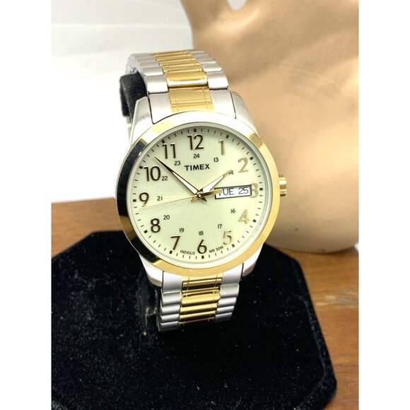 Timex Men's Watch T2M935 Quartz 36mm White Dial Indiglo Two Tone Stretched Band - Picture 13 of 14